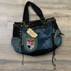 Betsey Johnson Betsyville Patchwork Denim and Black Tote with Crest Patch